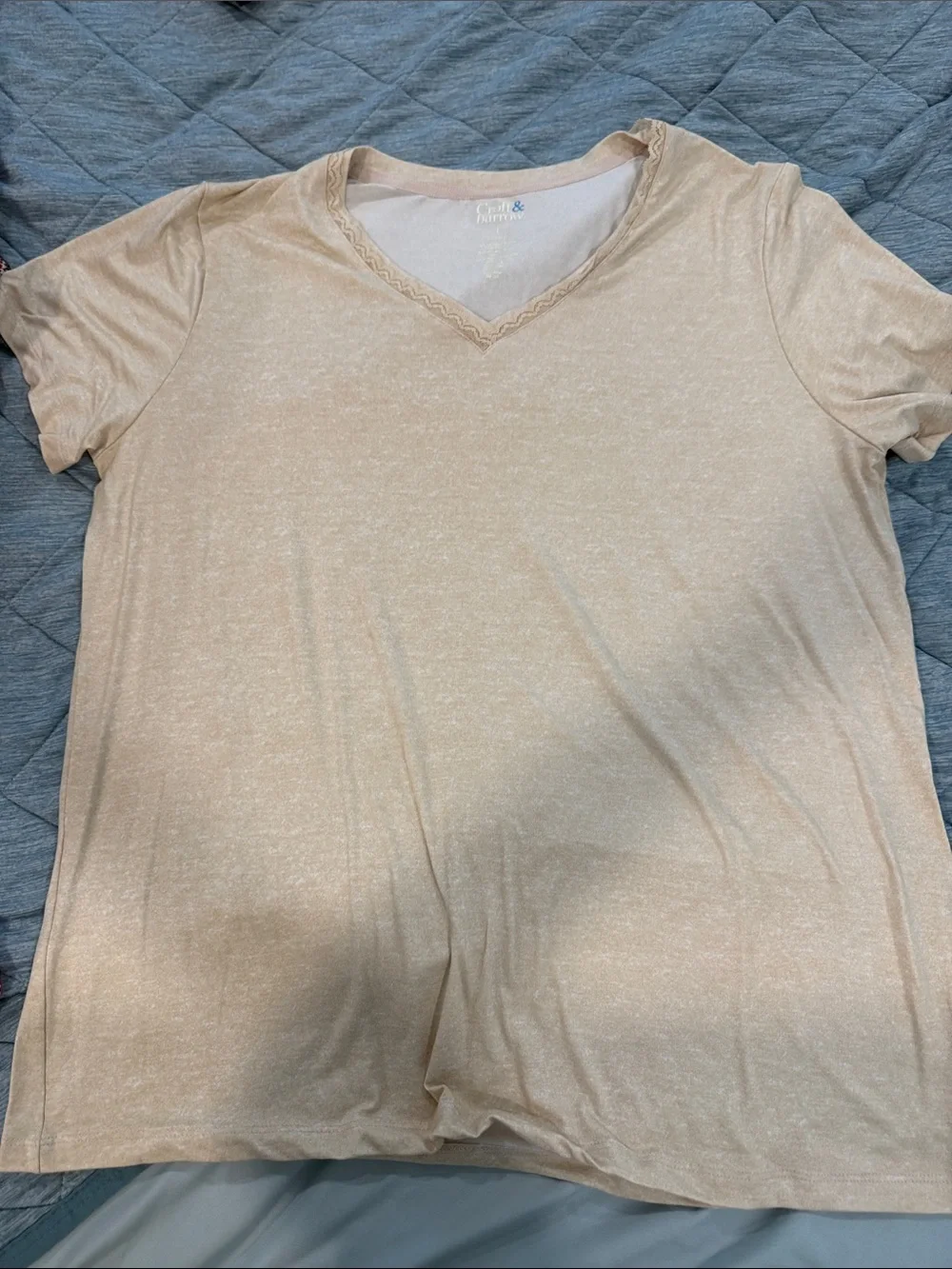 croft & barrow Light Beige V-Neck Top with Lace Trim